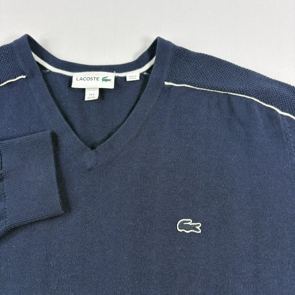 Lacoste Sweater Mens 4XL Blue V-Neck Pullover‎ Slim Fit Stretch
